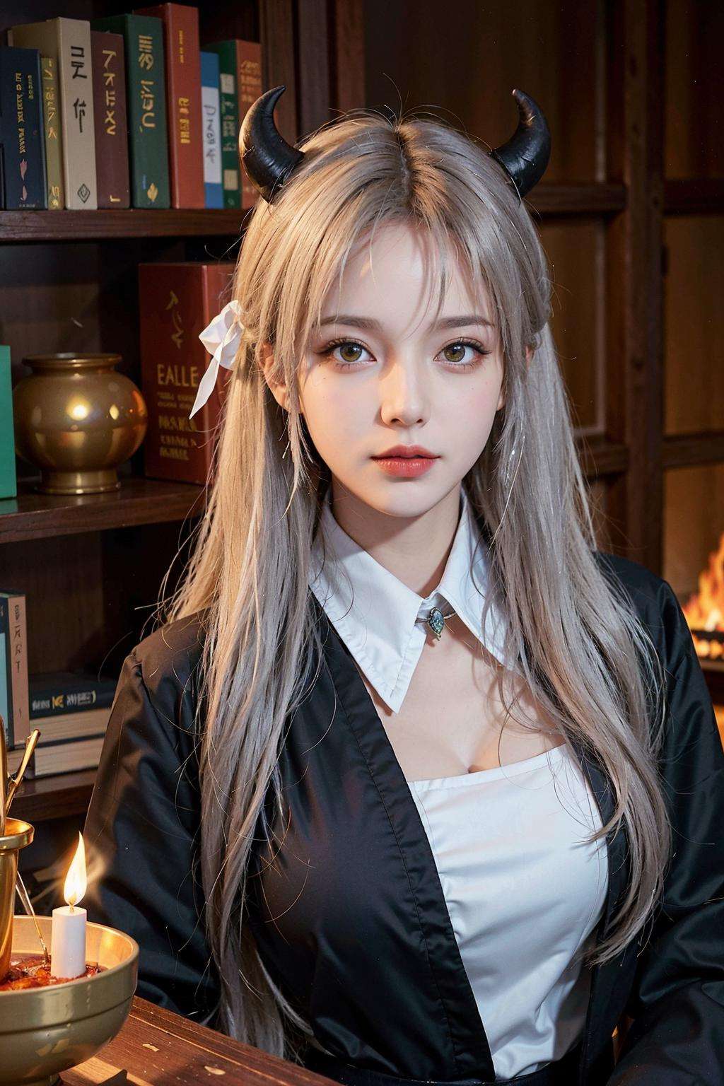 (best quality, masterpiece, realistic, detailed), 8k CG, perfect artwork,1girl, adult shedrn, horns, white hair, blue skin, glowing yellow eyes, (style-swirlmagic:1.0), portrait, looking at viewer, solo, half shot, detailed background, detailed face, (gothic dark fantasy theme:1.1) evil wizard, tattered Medium Brown magical robes, determined expression, purple color scheme, dark scarlet light, library, bookshelves, glowing magical runes, dark atmosphere, shadows, realistic lighting, floating particles, embers, surrounded by fire,(thick melting candles:0.8), green arcane symbols, corrupted by eldritch power, power-hungry eyes, bloom, <lora:GirlfriendMix_v1_v20:1>