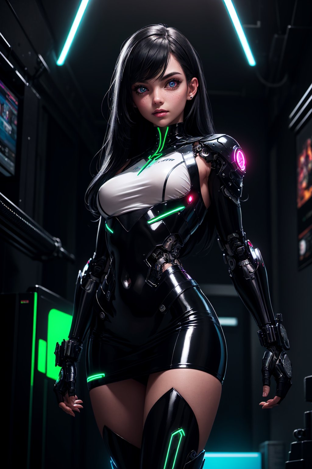 full body of cyborg lady, cybernetic jaw, mechanical parts, white shirt, unbottoned, black latex skirt, metal skin, glowing red eyes, cables, wires, black hair, simple backgroundmasterpiece, best quality, realistic, ultra highres, depth of field, (full dual colour neon lighting:1.2), (detailed face:1.2), (detailed eyes:1.2), (detailed background:1.2), (mountain:1) (masterpiece:1.2), (ultra detailed), (best quality), intricate, comprehensive cinematic, magical photography, (gradients), colorful, detailed landscape, visual key, shiny skin