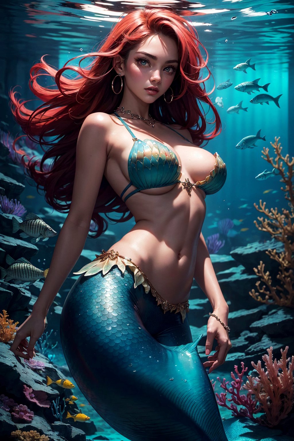 cowboy shot, (mermaid:1.2), 1girl, beautiful, sexy, mature woman, underwater, playing with fish, seaweed, reef background, fantasy, ripples, breasts overflow, narrow waist, hip cocked, vibrant colors, red hair, shells top, blue skin, underwater Masterpiece, best quality, realistic, ultra highres, depth of field, (detailed face), (detailed eyes:1.2), (detailed background:1.2), (masterpiece:1.2), (ultra detailed), (best quality), intricate, comprehensive, magical photography, (gradients), colorful, detailed landscape, shiny skin