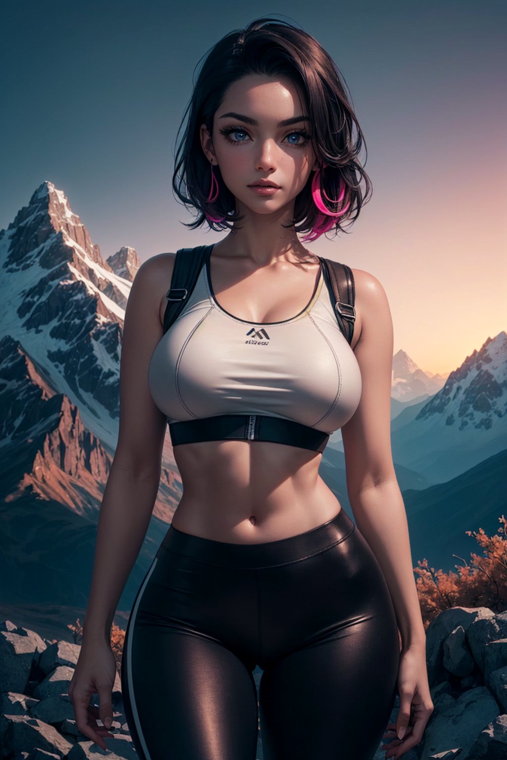(1girl), ((hiking outfit:1.3)), ((perky Breasts, round tits:1.3)), ((hip cocked, midriff, narrow waist, curvy waist:1.2)), ((slim, skinny waist:1.3)), (modern hairstyle, colour streaked hair, highlights), seductress, tempting, smug face, ((sexy poses)), masterpiece, best quality, realistic, ultra highres, depth of field, (full dual colour neon lighting:1.2), (detailed face:1.2), (detailed eyes:1.2), (detailed background:1.2), (mountain:1.1) (masterpiece:1.2), (ultra detailed), (best quality), intricate, comprehensive cinematic, magical photography, (gradients), colorful, detailed landscape, shiny skin