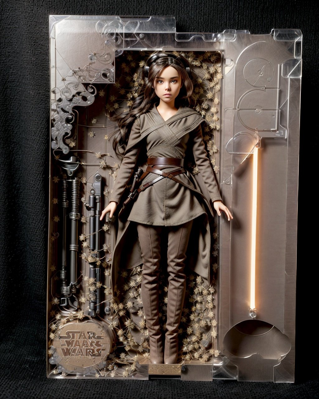 (best quality:1.15), (masterpiece:1.15), (detailed:1.15), (realistic:1.2), Dappled Light, analog style,no humans, inboxDollPlaySetQuiron style, abs, (Rey (The Last Jedi): In her attire from The Last Jedi, Rey wears a more advanced and Jedi-like outfit. Her tunic is a muted gray with long sleeves and a high neckline. The tunic is belted with a brown leather belt, emphasizing her waistline. She wears fitted black pants and knee-high black boots with subtle designs. Rey's beige-colored outer cloak, made of textured fabric, falls to ankle-length and is fastened with a decorative clasp. Additionally, she carries a lightsaber, a powerful weapon in the Star Wars universe, indicating her connection to the Force.:1.2), gift box, playset, in a box, full body, toy playset pack, in a gift box, premium playset toy box, <lora:quiron_inboxDollPlaySet_v2_lora:1>