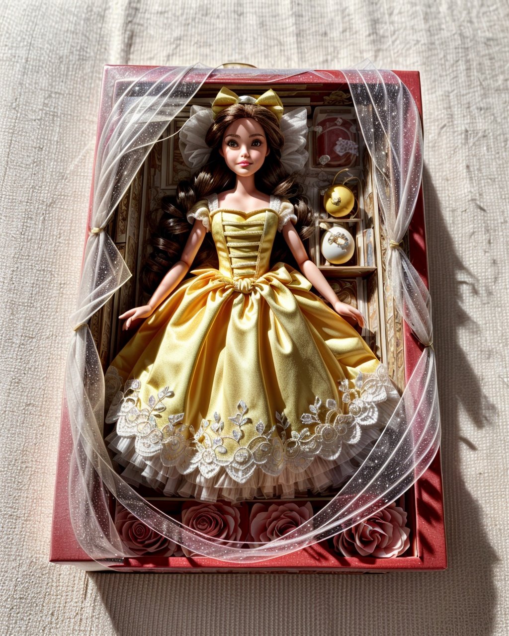 toy, doll, character print, (best quality:1.15), (masterpiece:1.15), (detailed:1.15), (realistic:1.2), Dappled Light, analog style, lightroom, (intricate:1.4), simple background,  stuffed toy, cover page, card, in a gift box,no humans, inboxDollPlaySetQuiron style, abs, (Belle (Beauty and the Beast): Belle's yellow ball gown, rose, and love for books make her a beloved Disney princess choice for cosplayers.:1.2), gift box, playset, in a box, full body, toy playset pack, in a gift box, premium playset toy box, <lora:quiron_inboxDollPlaySet_v2_lora:0.77>