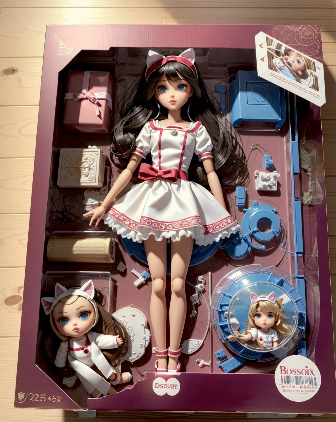 toy, doll, character print, (best quality:1.15), (masterpiece:1.15), (detailed:1.15), (realistic:1.2), (intricate:1.4), simple background, cover page, card, in a gift box,no humans, inboxDollPlaySetQuiron style, abs, (homura \(dr.stone\):1.2), gift box, playset, in a box, full body, toy playset pack, in a gift box, premium playset toy box, <lora:quiron_inboxDollPlaySet_v2_lora:0.87>