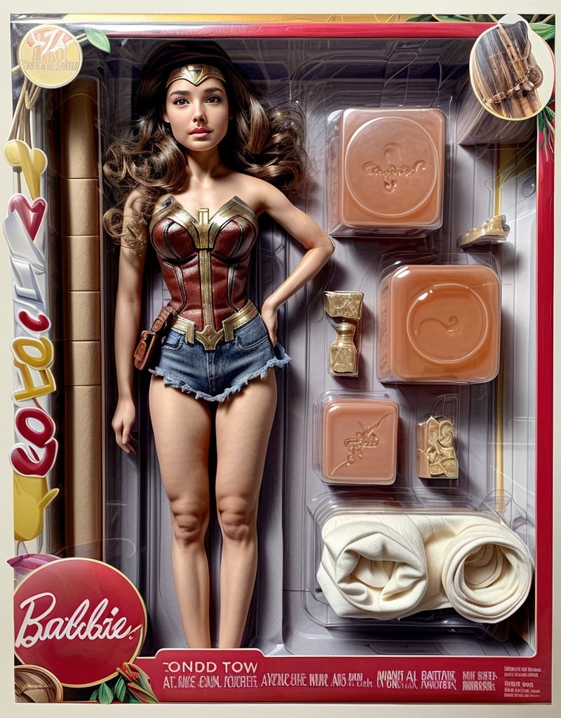 no humans, inboxDollPlaySetQuiron style, , Wonder Woman (Gal Gadot): Inspired by Gal Gadot's portrayal of Wonder Woman in the DC Extended Universe, this cosplay captures the modern and empowering version of the superhero., gift box, playset, in a box, full body, toy playset pack, in a gift box, premium playset toy box, <lora:quiron_inboxDollPlaySet_v2_lora:1>