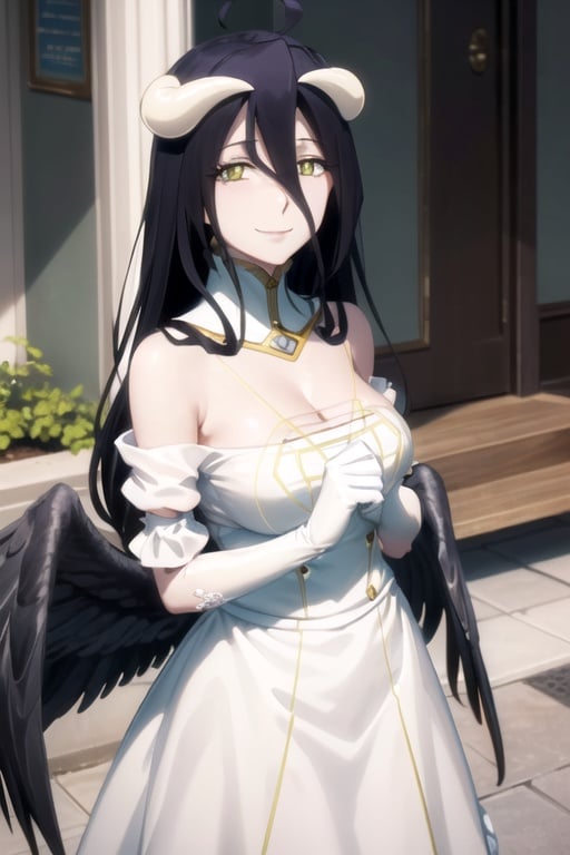 (((pixel-perfect, detail-perfect, photo-perfect))), 1girl, solo, <lora:albedo-overlord:0.8>, albedo, white dress, detached collar, elbow gloves, black wings, looking at viewer, smile