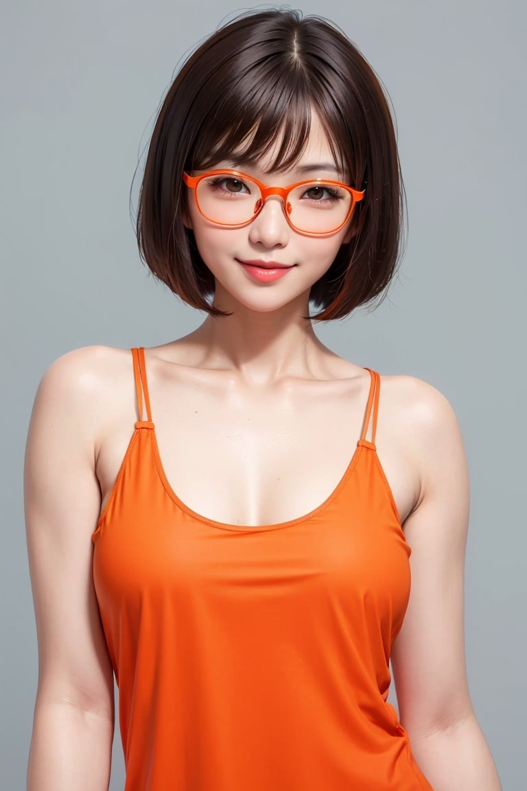 asian woman, bob cut, red glasses, light smile, (orange tank top), (white background)