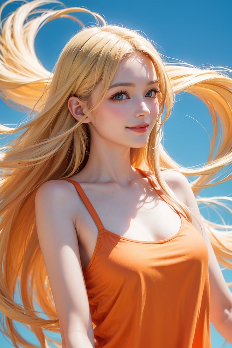 russian woman, long hair, blonde, flowing hair, close-up, smile, (orange camisole), (soft blue background)