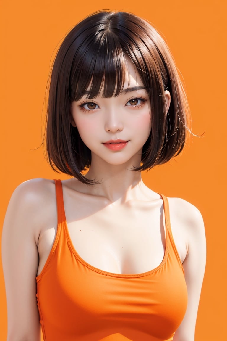 asian woman, bob cut, light smile, (orange tank top), (white background)