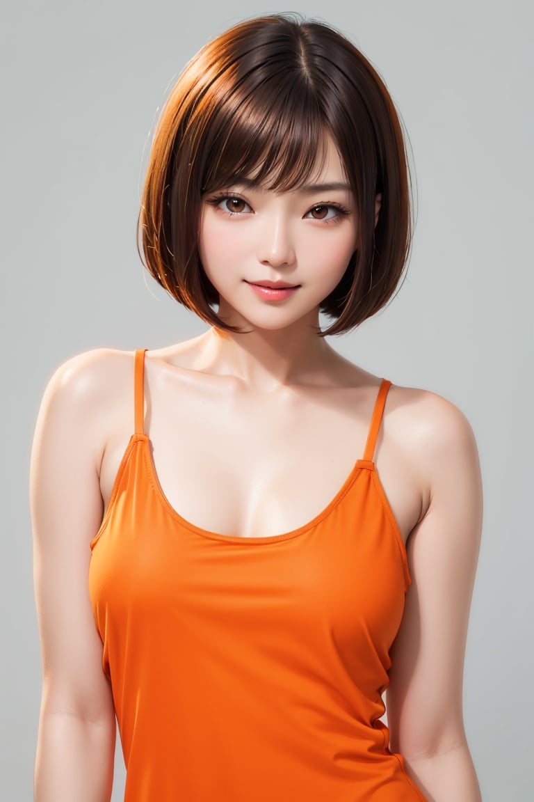 asian woman, bob cut, light smile, (orange tank top), (white background)