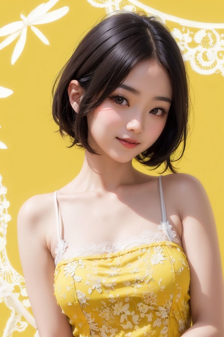 asian woman, medium hair, close-up, smile, (white lace camisole), (yellow background)