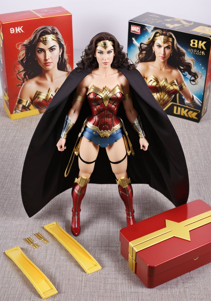 (best quality:1.15), (masterpiece:1.15), (detailed:1.15), (realistic:1.2), premium playset toy box, (8k, ultra quality, masterpiece:1.5), (Dutch angle:1.3), ActionFigureQuiron style, solo, Catwoman (DC Comics): Catwoman's iconic catsuit is typically made of black, form-fitting material that accentuates her agility and sleekness. The suit hugs her body, emphasizing her curves and flexibility. It features a high neckline, long sleeves, and full-length legs. The suit often incorporates textured elements, such as stitching or patterns, to add visual interest. Catwoman wears a black mask that covers the upper part of her face, leaving her eyes exposed. Her mask is sometimes designed with cat-like features, such as pointed ears or stylized whisker markings. To complete her look, Catwoman carries a whip as her signature weapon. , (toy playset pack), inside gift box,  <lora:quiron_ActionFigure_v1_Lora:0.45>