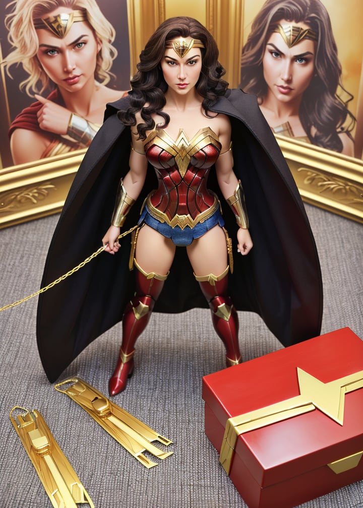 (best quality:1.15), (masterpiece:1.15), (detailed:1.15), (realistic:1.2),premium playset toy box, (8k, ultra quality, masterpiece:1.5), (Dutch angle:1.3), ActionFigureQuiron style, solo, Wonder Woman (DC Comics): Wonder Woman's iconic armor, tiara, and Lasso of Truth make her a powerful and empowering character to cosplay. , (toy playset pack), inside gift box,<lora:quiron_ActionFigure_v1_Lora:0.45>