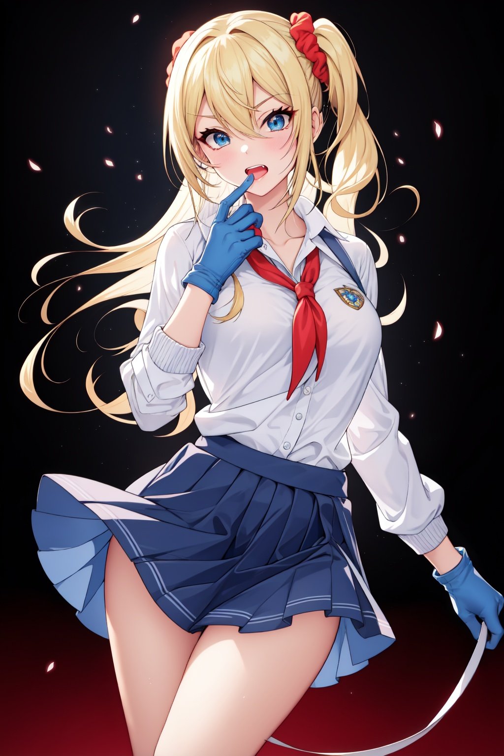 masterpiece, best quality, 1girl, long hair, breasts, looking at viewer, bangs, blue eyes, skirt, blonde hair, shirt, hair ornament, gloves, long sleeves, holding, hair between eyes, school uniform, white shirt, sidelocks, solo focus, collared shirt, white gloves, nail polish, side ponytail, sweater, mask, scrunchie, red background, hair scrunchie, blue nails, clothes around waist, disembodied limb, blue scrunchie, shuuchiin academy school uniform, sweater around waist