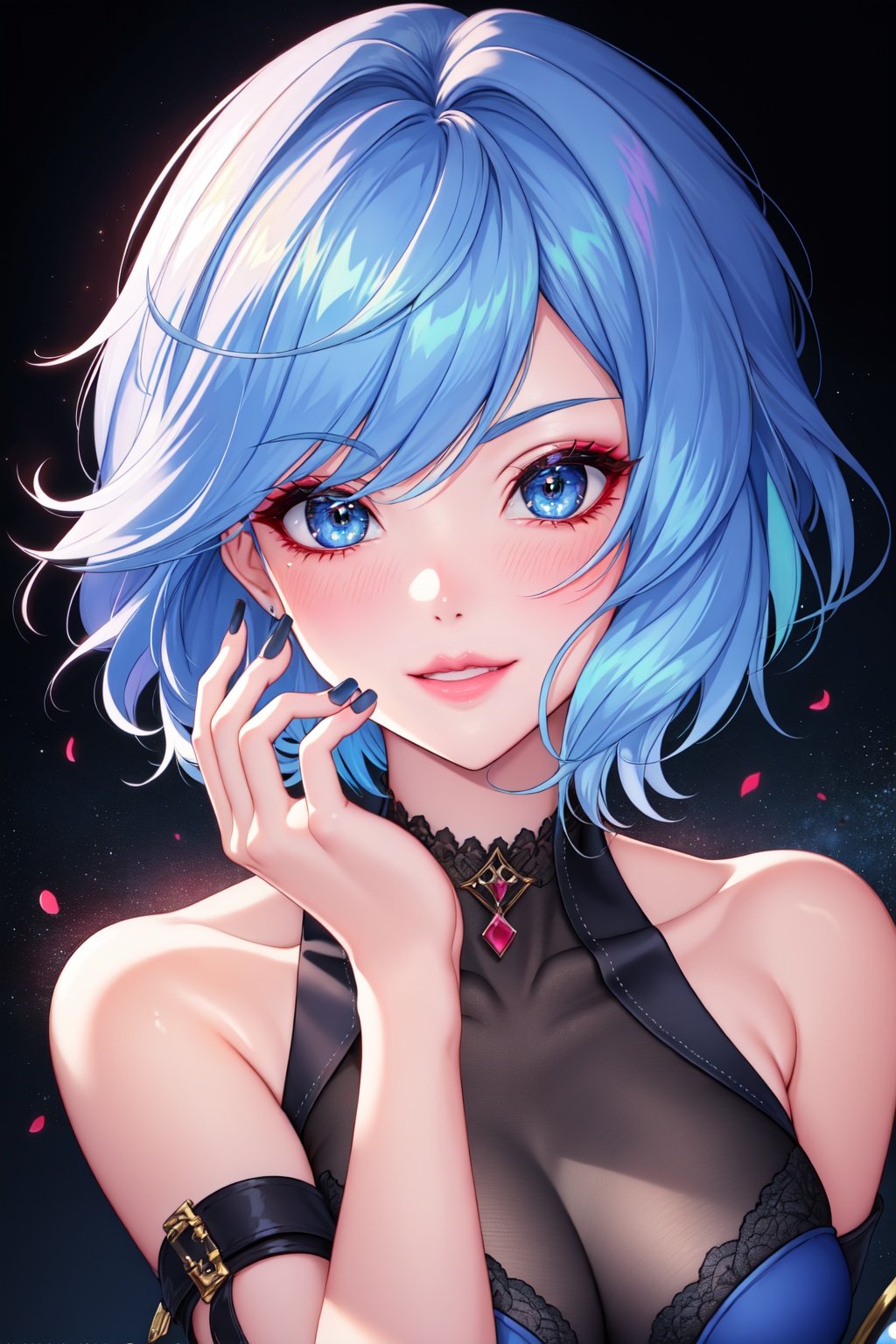 masterpiece, best quality, 1girl, solo, looking at viewer, blush, smile, short hair, bangs, blue eyes, bare shoulders, blue hair, white hair, multicolored hair, parted lips, nail polish, makeup, black background, portrait, red nails, red lips