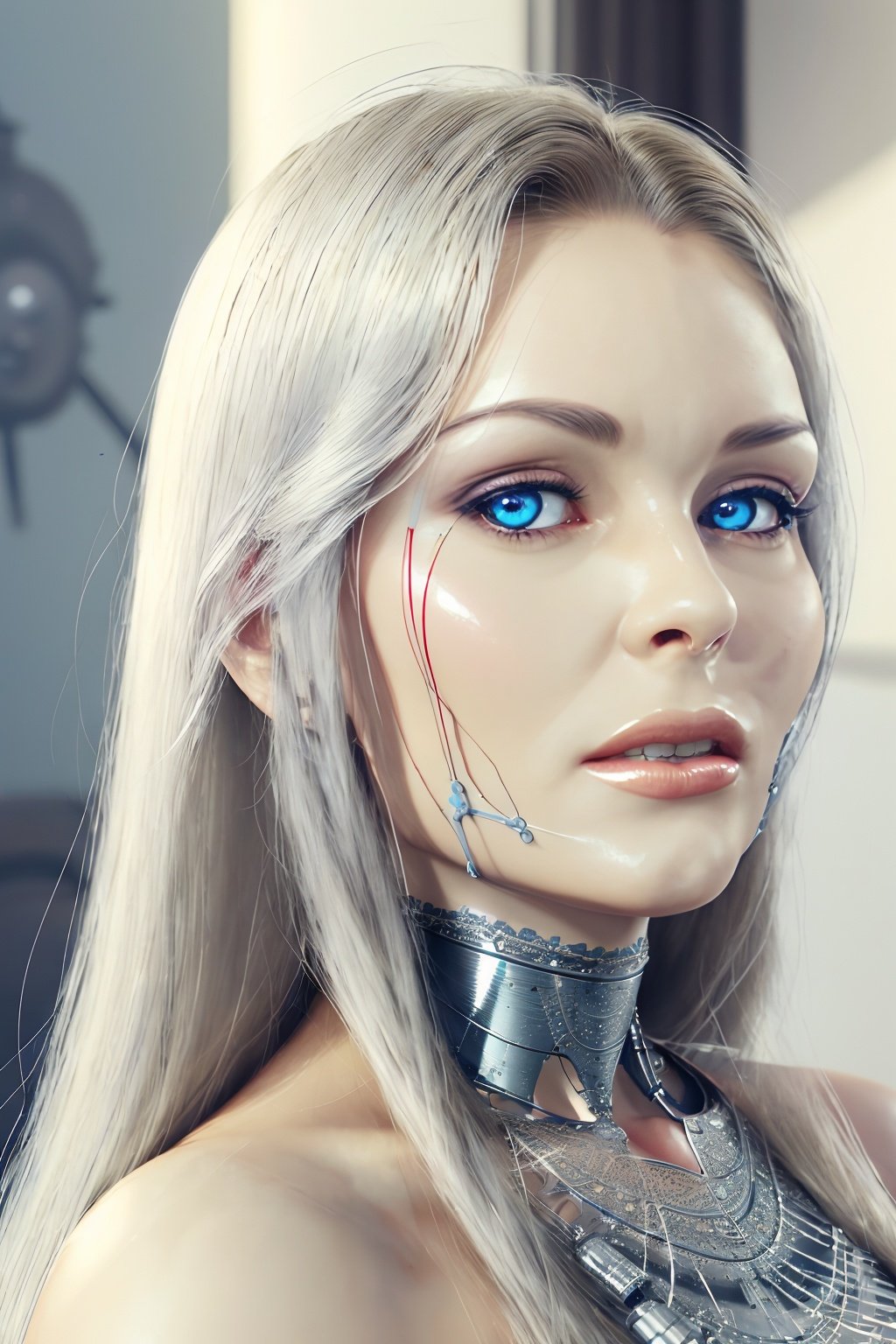 A realistic full-length photograph of (NikkiAndersonQuiron woman) , Dappled Light, beautiful eyes, eyes detailed, best quality, high quality,well defined pupils,Complex 3d render ultra detailed of a beautiful android face, cyborg, robotic parts, 150 mm, beautiful studio soft light, rim light, vibrant details, luxurious cyberpunk, lace, hyperrealistic, anatomical, facial muscles, cable electric wires, microchip, elegant, beautiful background, octane render, 8k, best quality, masterpiece, illustration, an extremely delicate and beautiful, extremely detailed ,CG ,unity ,wallpaper, (realistic, photo-realistic:1.37),Amazing, finely detail, masterpiece,best quality,official art, extremely detailed CG unity 8k wallpaper, absurdres, incredibly absurdres,robot, silver hair, ((full body:1.2)), sitting,<lora:quiron_NikkiAnderson_v7_Lora:0.97>