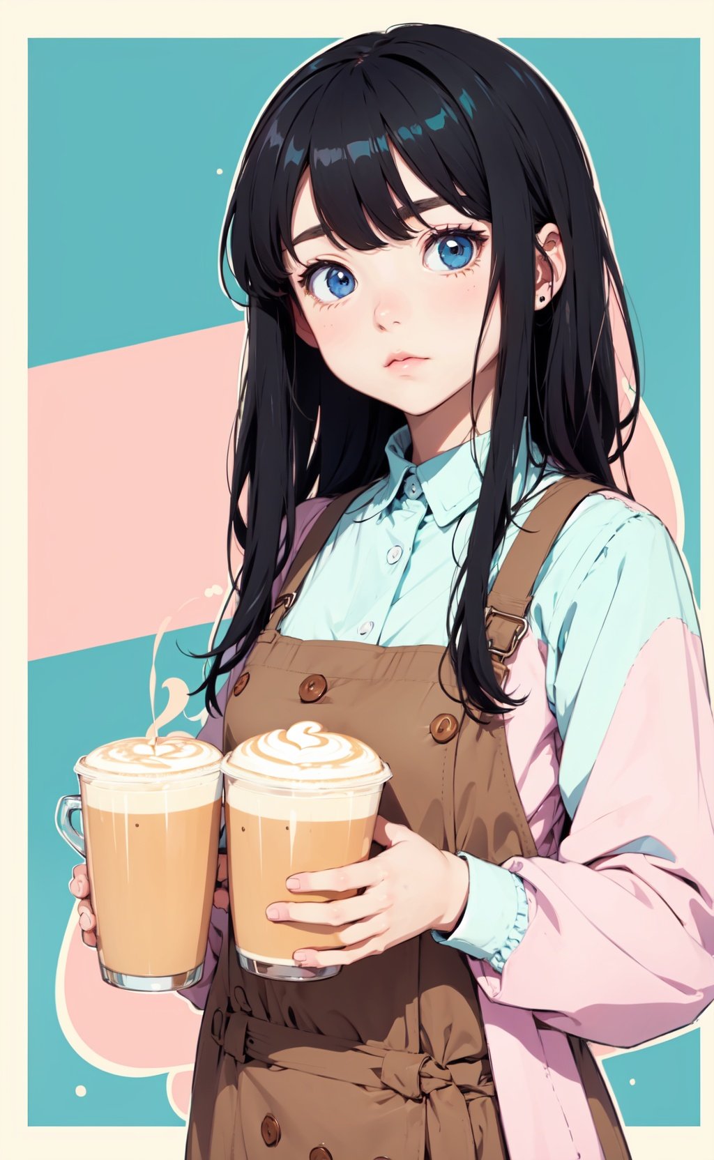(flat color, pastel style, anime, black outlines:1.1), 1girl, solo, detailed eyes, coffee shop, portrait, barista, colorful, cute