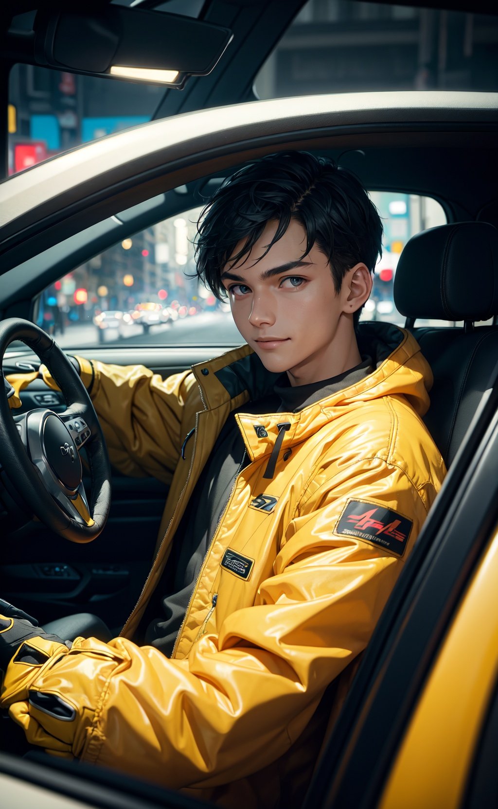 masterpiece, best quality, 1boy, car interior, steering wheel, underground street racing, oversized racing jacket, racing gloves, oversized clothes, car, night, glow, glowing, close-up, smug, (smile:0.7)