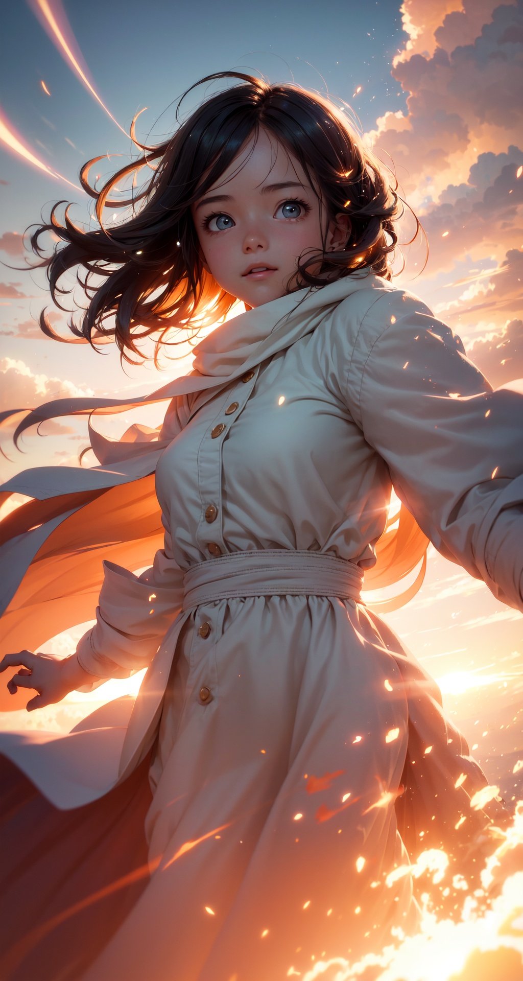 masterpiece, best quality, movie still, 1girl, cloud girl, floating in the sky, close-up, bright, happy, warm soft lighting, sunset, (sparks:0.7), light particles, volumetric lighting