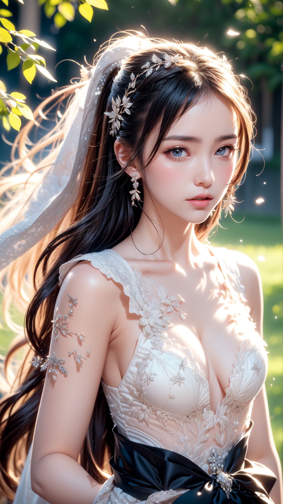 super fine illustration,masterpiece, best quality,{beautiful detailed eyes},1girl,finely detail,Depth of field, 4k wallpaper,bluesky,cumulus,wind,insanely detailed frills,extremely detailed lace,BLUE SKY,very long hair,Slightly open mouth,high ponytail,silver hair,small Breasts,cumulonimbus capillatus,slender waist,There are many scattered luminous petals,Hidden in the light yellow flowers,Depth of field,She bowed her head in frustration,Many flying drops of water,Upper body exposed,Many scattered leaves,branch ,angle ,contour deepening,cinematic angle ,{{{Classic decorative border}}}