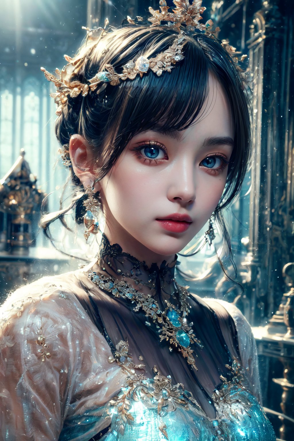 (masterpiece, high quality:1.5), 8K, HDR, 
1girl, well_defined_face, well_defined_eyes, ultra_detailed_eyes, ultra_detailed_face, by FuturEvoLab, 
ethereal lighting, immortal, elegant, porcelain skin, jet-black hair, waves, pale face, ice-blue eyes, blood-red lips, pinhole photograph, retro aesthetic, monochromatic backdrop, mysterious, enigmatic, timeless allure, the siren of the night, secrets, longing, hidden dangers, captivating, nostalgia, timeless fascination, Edge feathering and holy light, Exquisite face,