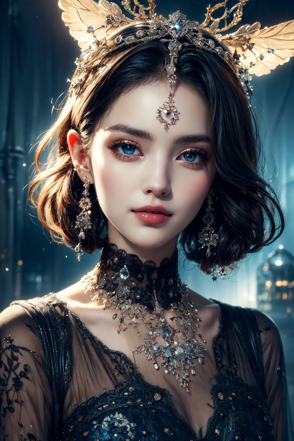 (masterpiece, high quality:1.5), 8K, HDR, 
1girl, well_defined_face, well_defined_eyes, ultra_detailed_eyes, ultra_detailed_face, by FuturEvoLab, 
ethereal lighting, immortal, elegant, porcelain skin, jet-black hair, waves, pale face, ice-blue eyes, blood-red lips, pinhole photograph, retro aesthetic, monochromatic backdrop, mysterious, enigmatic, timeless allure, the siren of the night, secrets, longing, hidden dangers, captivating, nostalgia, timeless fascination, Edge feathering and holy light, Exquisite face, Exquisite face, Exquisite face
