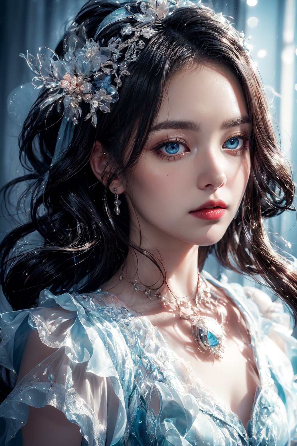"(masterpiece, high quality:1.5), 8K, HDR, 
1girl, well_defined_face, well_defined_eyes, ultra_detailed_eyes, ultra_detailed_face, by FuturEvoLab, 
ethereal lighting, immortal, elegant, porcelain skin, jet-black hair, waves, pale face, ice-blue eyes, blood-red lips, pinhole photograph, retro aesthetic, monochromatic backdrop, mysterious, enigmatic, timeless allure, siren of the night, secrets, longing, hidden dangers, captivating, nostalgia, timeless fascination, "