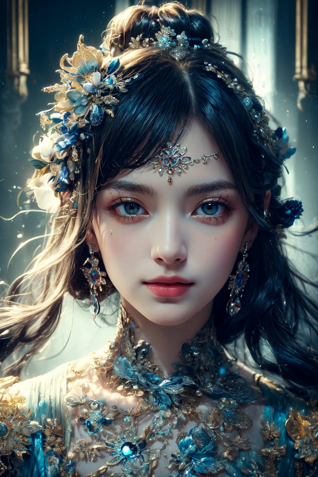 (masterpiece, high quality:1.5), 8K, HDR, 
1girl, well_defined_face, well_defined_eyes, ultra_detailed_eyes, ultra_detailed_face, by FuturEvoLab, 
ethereal lighting, immortal, elegant, porcelain skin, jet-black hair, waves, pale face, ice-blue eyes, blood-red lips, pinhole photograph, retro aesthetic, monochromatic backdrop, mysterious, enigmatic, timeless allure, the siren of the night, secrets, longing, hidden dangers, captivating, nostalgia, timeless fascination, Edge feathering and holy light, Exquisite face,