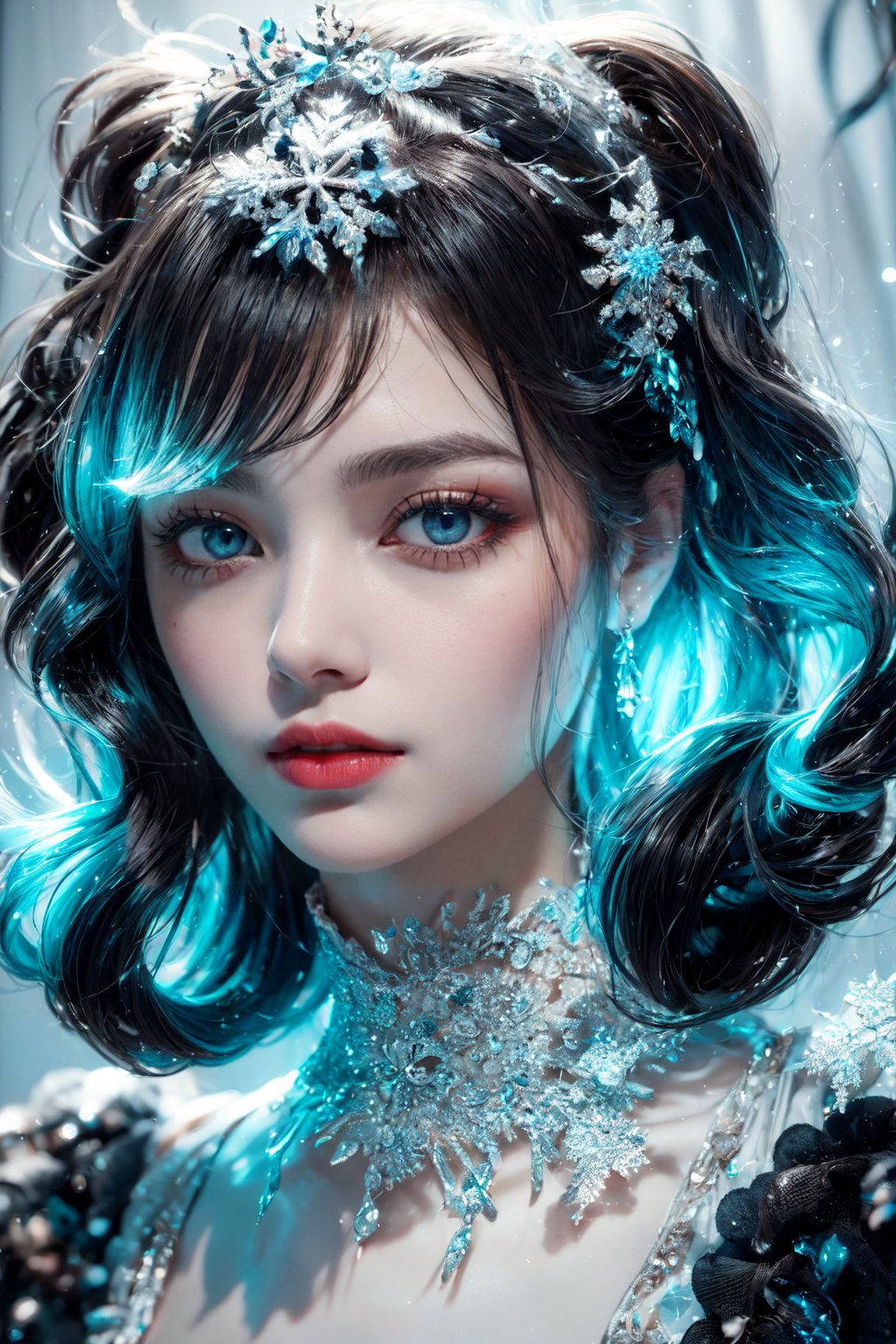"(masterpiece, high quality:1.5), 8K, HDR, 
1girl, well_defined_face, well_defined_eyes, ultra_detailed_eyes, ultra_detailed_face, by FuturEvoLab, 
ethereal lighting, immortal, elegant, porcelain skin, jet-black hair, waves, pale face, ice-blue eyes, blood-red lips, pinhole photograph, retro aesthetic, monochromatic backdrop, mysterious, enigmatic, timeless allure, siren of the night, secrets, longing, hidden dangers, captivating, nostalgia, timeless fascination, ",Snowflake