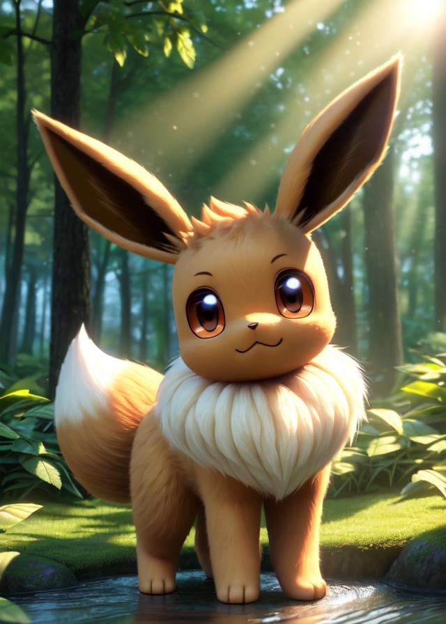 uploaded on e621, solo ((chibi quadruped feral eevee)), (three-quarter portrait),((detailed fluffy fur)), (sunny day forest, sunlight, plant, water, leaf),BREAK,(masterpiece, best quality, ultra realistic, 4k, 2k, (high detail:1.35), film photography,(3d \(artwork\):1.1), blender \(software\), sharp focus, ray tracing, (unreal engine:1.2),RAW photo, photorealistic, analog style, subsurface scattering, photorealism, absurd res)