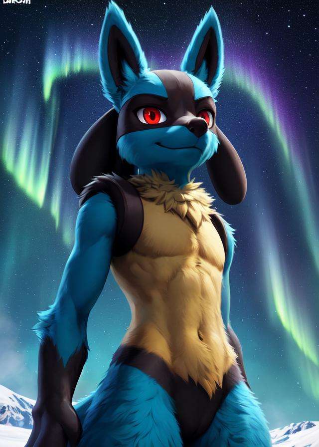 uploaded on e621, ((by Darkgem, by Dan Mumford, by Foxovh)),solo girly ((lucario)) with ((blue body)) and ((yellow neck tuft)) and (blue tail) and ((clear red eyes)),(((nude))), ((detailed fluffy fur)), ((portrait, low-angle view, looking at viewer)),BREAK,((standing at iceland mountain with lake and snowstorm night)), (dark, blue lighting, starry, nebula, aurora, glowing),(detailed background, depth of field, half body shadow, sunlight, ambient light on the body),(masterpiece, best quality, ultra realistic, 4k, 2k, (intricate:1), (high detail:1.3),(3d \(artwork\):0.9), blender \(software\), soft focus, ray tracing, (unreal engine:1.3), absurd res)