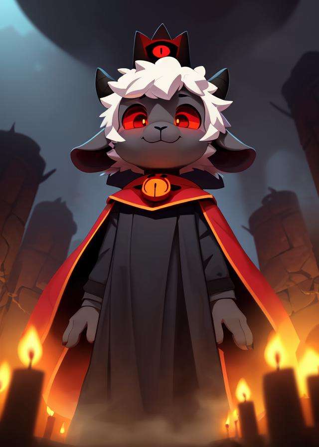 uploaded on e621, ((by Yookie, by Anton Fadeev, by Tomer Hanuka, by Dagasi)),solo ((chibi sheep lamb \(cult of the lamb\))) with ((grey black body and white fur)) and (white hair) and (horn) and ((clear red sclera)),(wear red crown, red cloak, grey black gown:1.25), (flat chested, smile), ((detailed fluffy fur)),(three-quarter portrait, looking at viewer, three-quarter view, low-angle view:1.25),BREAK,(standing at dungeon with cult ritual:1.2), (torch, pentagram, glowing mark, fog, mist, candle),(detailed background, depth of field, half body shadow, sunlight, ambient light on the body)(intricate:0.7), (high detail:1.2), (unreal engine:1.3), (soft focus:1.1),[explicit content, questionable content], (masterpiece, best quality, 4k, 2k, shaded, absurd res)