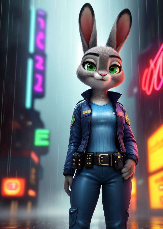 uploaded on e621, (by Disney, by Pixar, by DreamWorks, by Silverfox5213),solo female ((rabbit Judy Hopps)) with ((grey body, wet fur)) and ((clear green eyes)),(wear police uniform, jacket, pants, belt:1.3), (small breasts),((detailed fluffy fur)), (looking at viewer, three-quarter portrait, three-quarter view),BREAK,((standing at city street on sunset raining day)), (rain, fog, mist, cyberpunk, neon light),(detailed background, depth of field, half body shadow, sunlight, ambient light on the body),(masterpiece, best quality, ultra realistic, 4k, 2k, (high detail:1.3),(3d \(artwork\):1.2), blender \(software\), (soft focus:1.2), ray tracing, (unreal engine:1.3), absurd res)