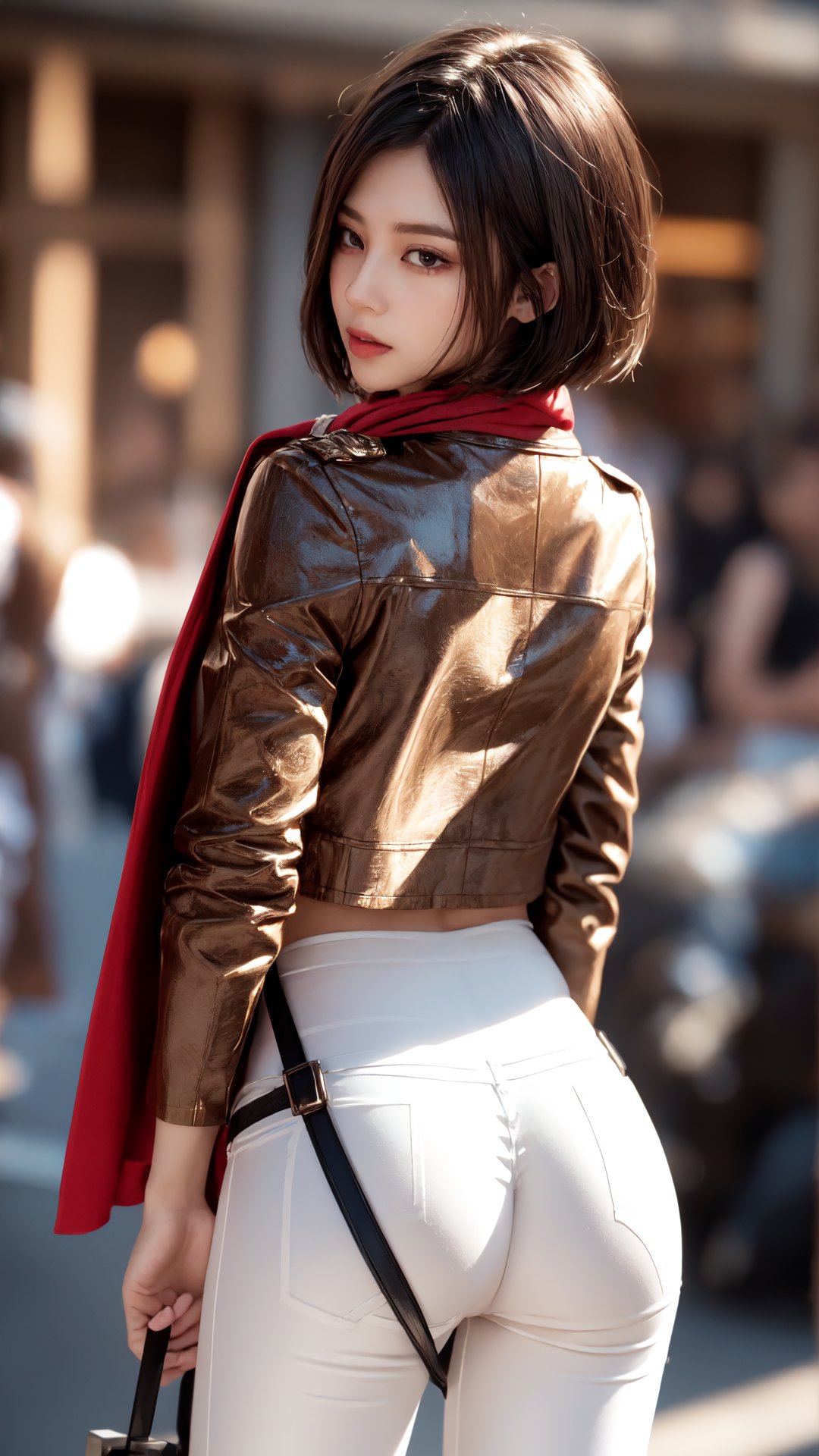 1girl, ,hmmikasa, {{{masterpiece}}}, {{{best quality}}}, {{{ultra-detailed}}}, {{{highres}}}, {cinematic lighting}, sexy body, Mikasa with a brown crop closed jacket, ((white pants)), red scarf, white crop top underneath, {abs}, {thigh straps}, {attack on Titan gear}, {attack on Titan swords}, emblem, 0.7(0.65(xxmix9realistic_v30), ,0.7(majicmixRealistic_v6), detailed skin, {thin waist} , looking back, big ass, sexy ass,1 girl,Japanese girl, short hair