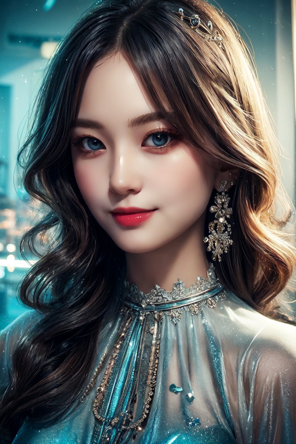 (masterpiece, high quality:1.5), 8K, HDR, 
1girl, well_defined_face, well_defined_eyes, ultra_detailed_eyes, ultra_detailed_face, by FuturEvoLab, 
ethereal lighting, immortal, elegant, porcelain skin, jet-black hair, waves, pale face, ice-blue eyes, blood-red lips, pinhole photograph, retro aesthetic, monochromatic backdrop, mysterious, enigmatic, timeless allure, the siren of the night, secrets, longing, hidden dangers, captivating, nostalgia, timeless fascination, smile, ,Exquisite face