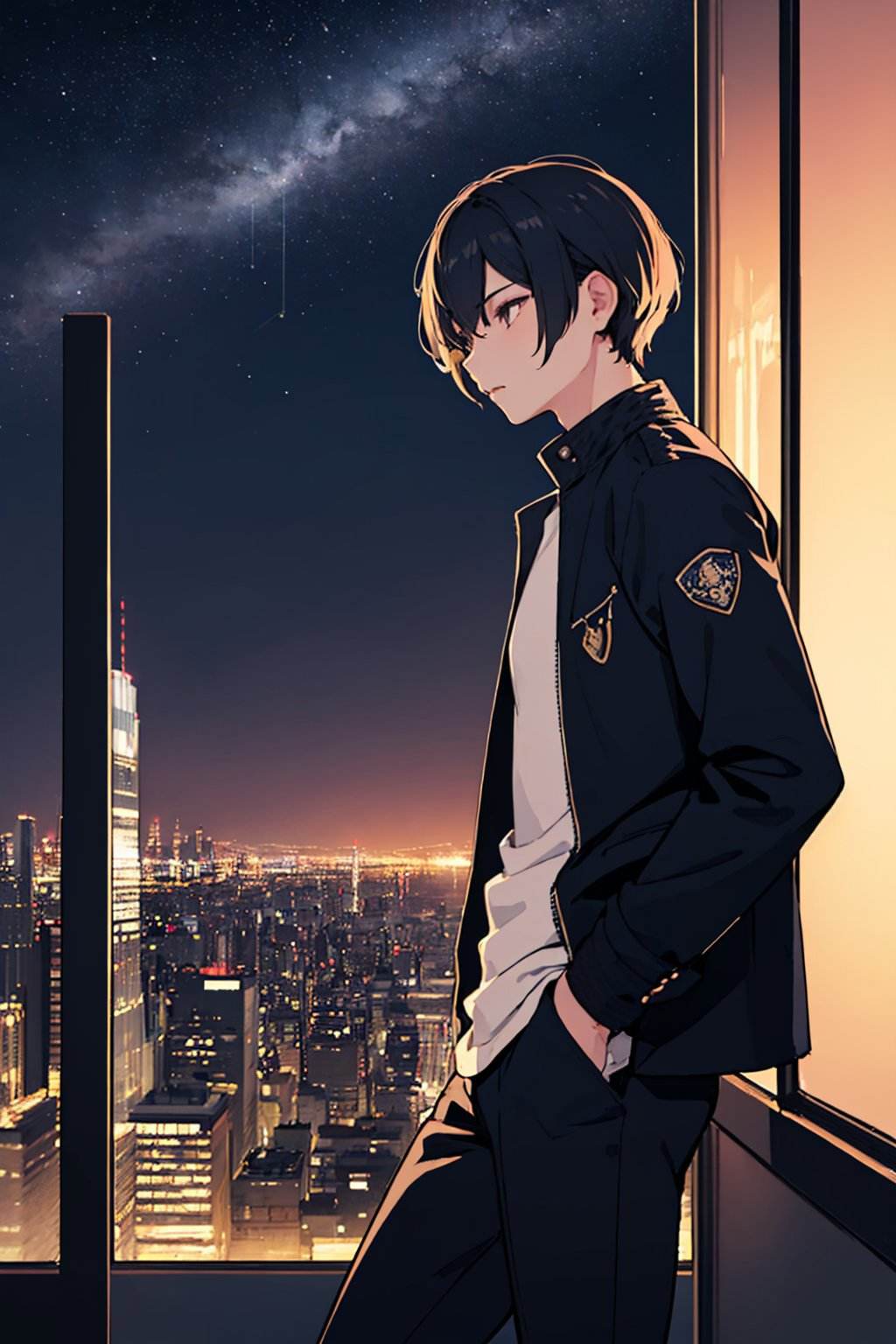 (masterpiece, best quality:1.2), night, star \(sky\), cityscape scenery, from side, solo, male focus, 1boy, looking to the side, short hair, jacket, pants