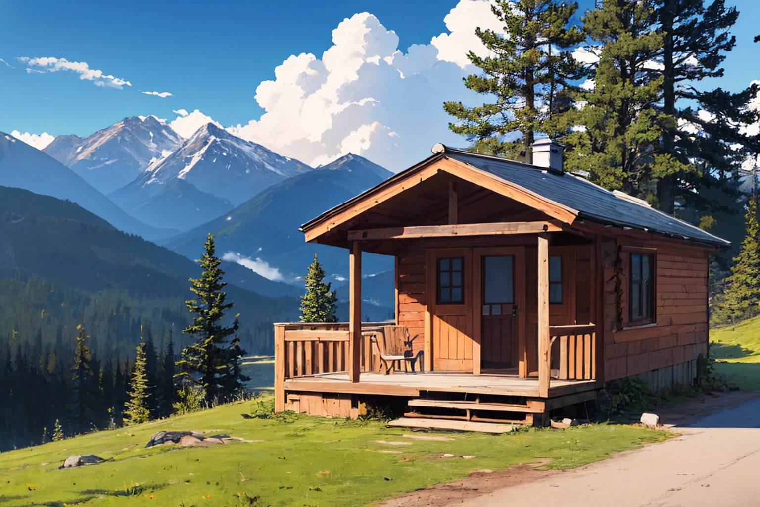 (masterpiece, best quality:1.2), wide shot, cabin, pine tree, mountains, blue sky, clouds