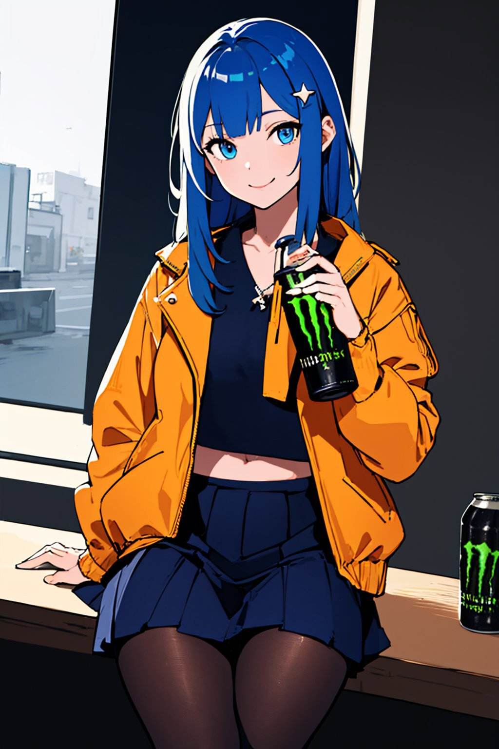 (masterpiece, best quality:1.2), solo, 1girl, smile, looking at viewer, holdingmonsterenergy, long hair, blue hair, star hair ornament, blue eyes, jacket, skirt, pantyhose <lyco:HoldingMonsterEnergy:0.6>