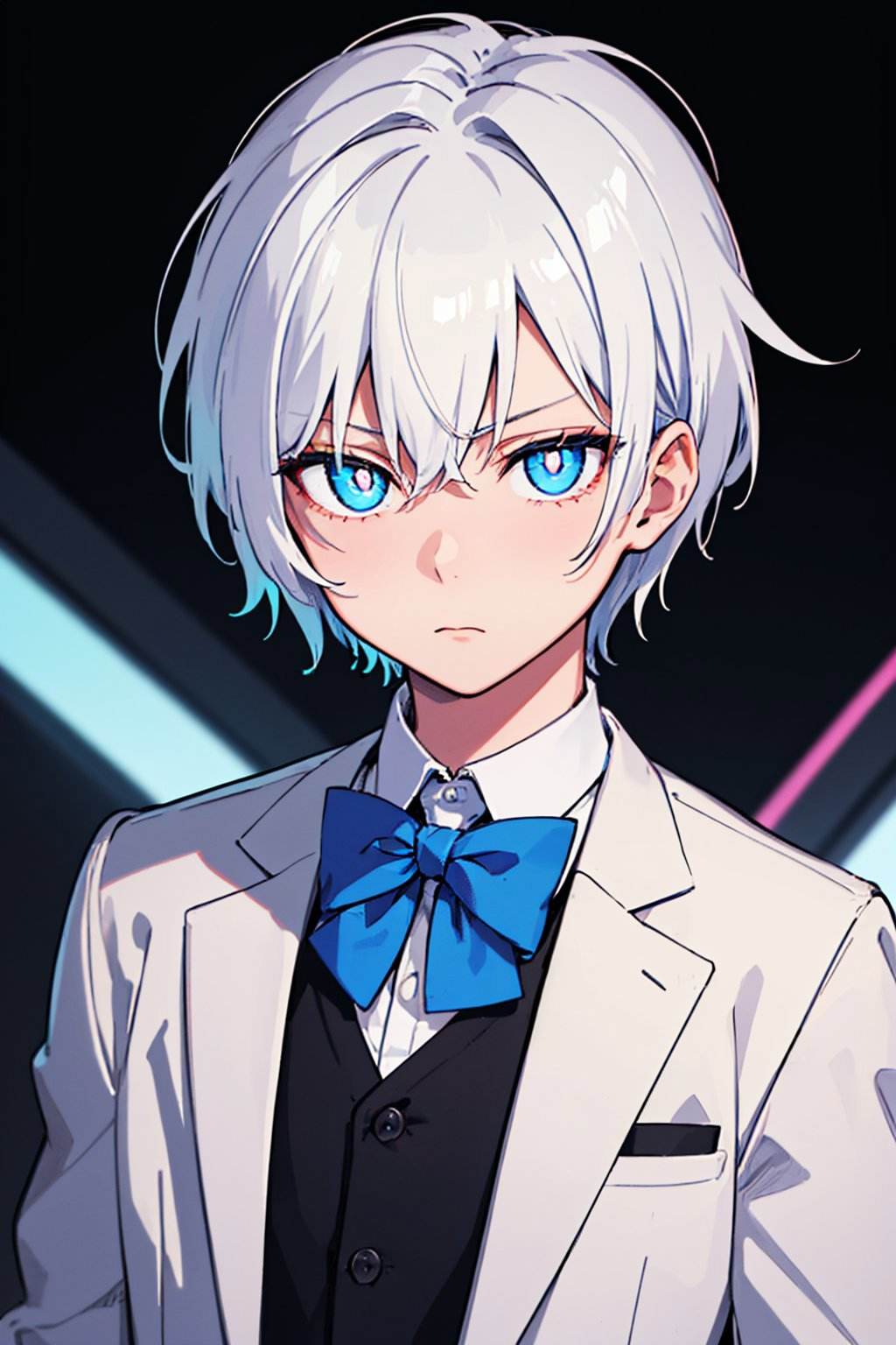 (masterpiece, best quality:1.2), neon lights, solo, male focus, 1boy, expressionless, looking at viewer, white hair, blue eyes, glowing eyes, bright pupils, jacket, collared shirt, bowtie, long sleeves