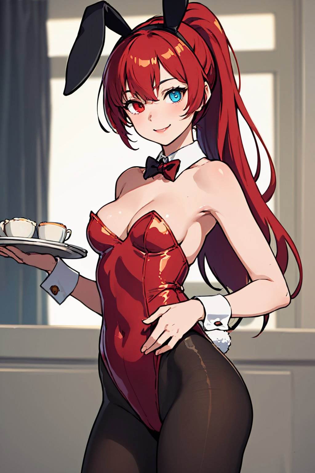(masterpiece, best quality:1.2), solo, 1girl, smile, looking at viewer, holding tray, red hair, ponytail, fake animal ears, heterochromia, playboy bunny, leotard, pantyhose
