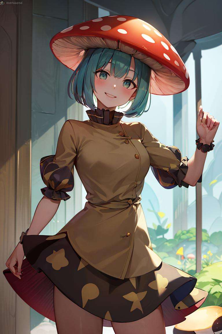 ((masterpiece,best quality)), absurdres,<lora:Mushroom_Girl:0.6>, Mushroom_Girl,solo, smiling, looking at viewer, cowboy shot,cinematic composition, dynamic pose,