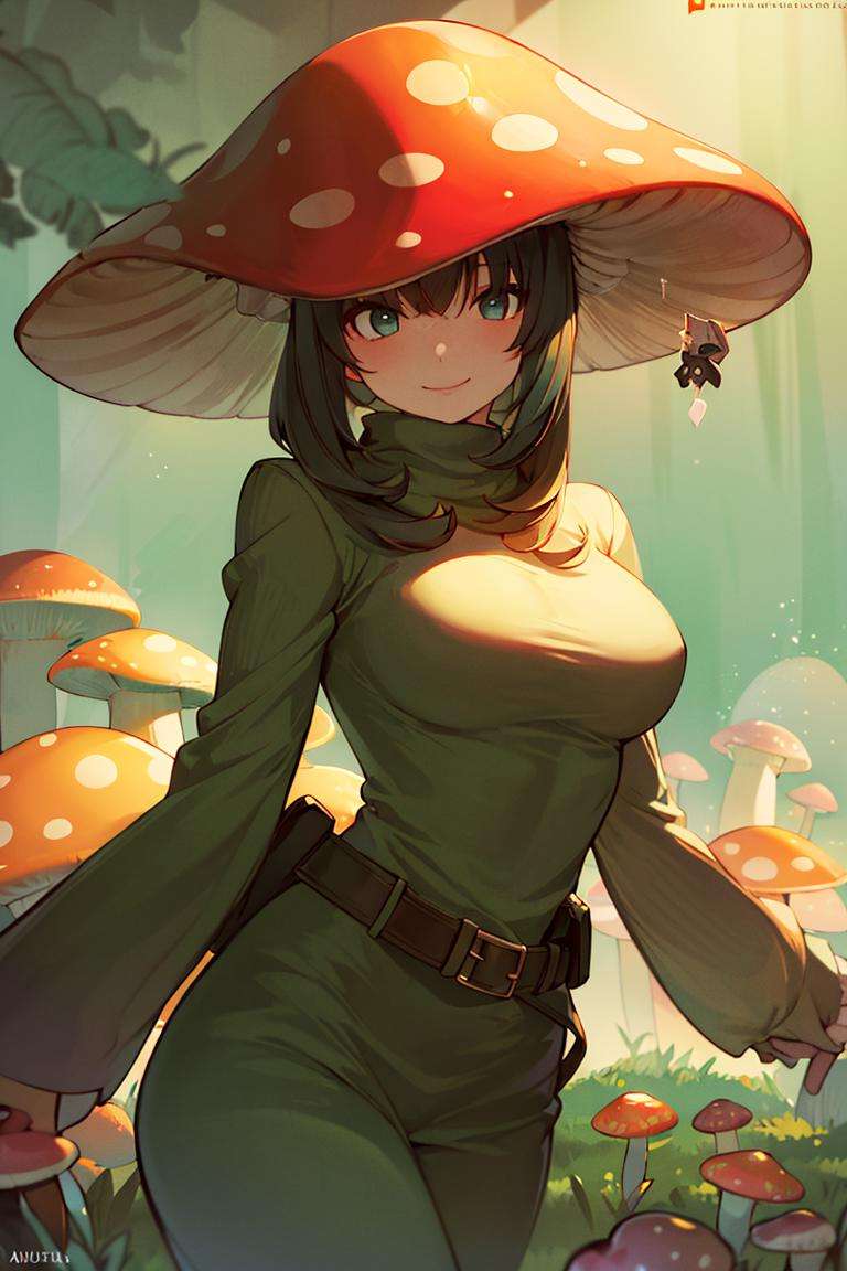 ((masterpiece,best quality)), absurdres,<lora:Mushroom_Girl:0.7>, Mushroom_Girl,solo, smiling, looking at viewer, cowboy shot,cinematic composition, dynamic pose,