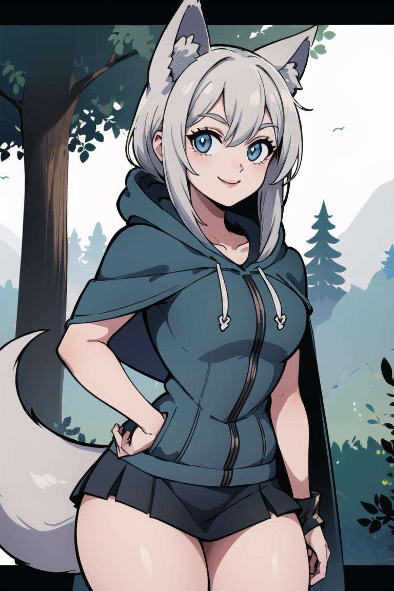 ((masterpiece,best quality)), absurdres,<lora:Ira_AFK:0.9>, Ira_AFK, cape, fox tail, hood up, mini skirt, silver fur, smiling,solo, smiling, looking at viewer, cowboy shot, forest in background, cinematic composition, dynamic pose,