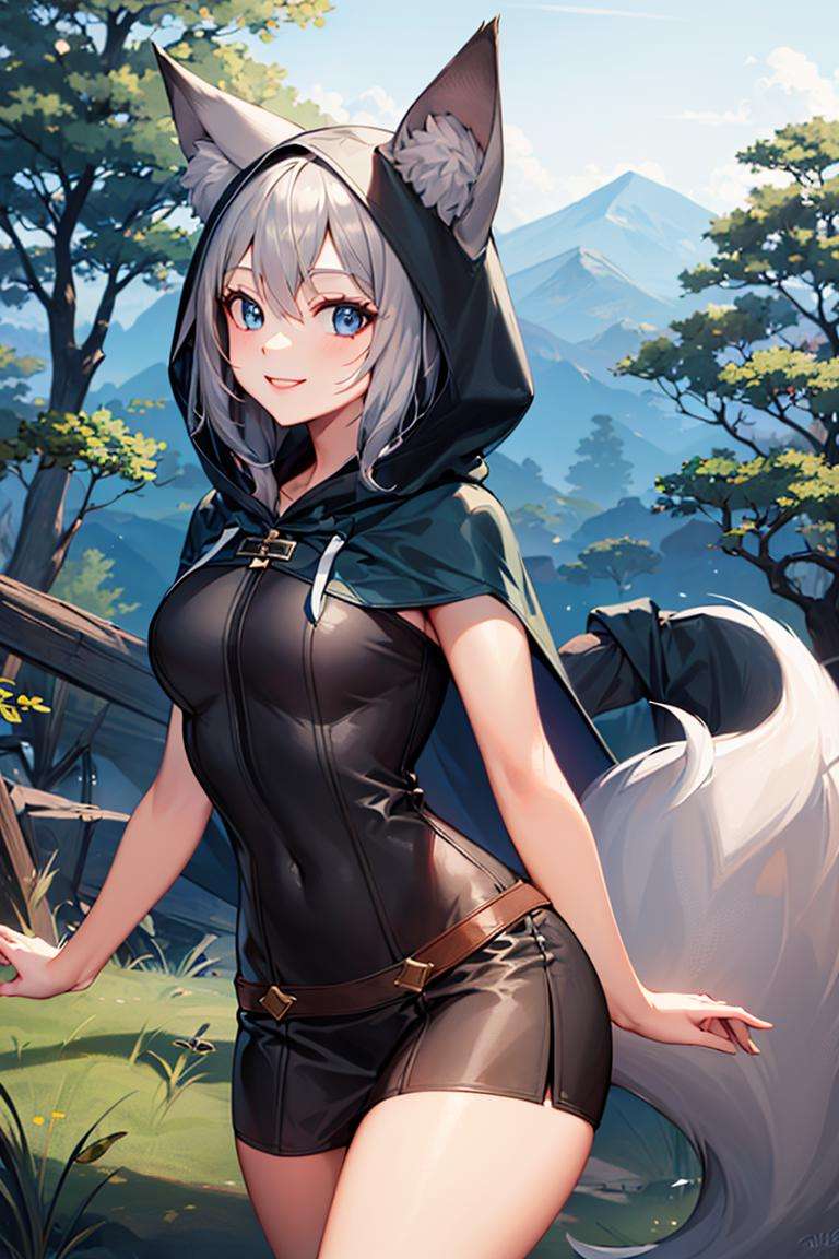 ((masterpiece,best quality)), absurdres,<lora:Ira_AFK:0.7>, Ira_AFK, cape, fox tail, hood up, mini skirt, smiling,solo, smiling, looking at viewer, cowboy shot, forest in background, cinematic composition, dynamic pose,