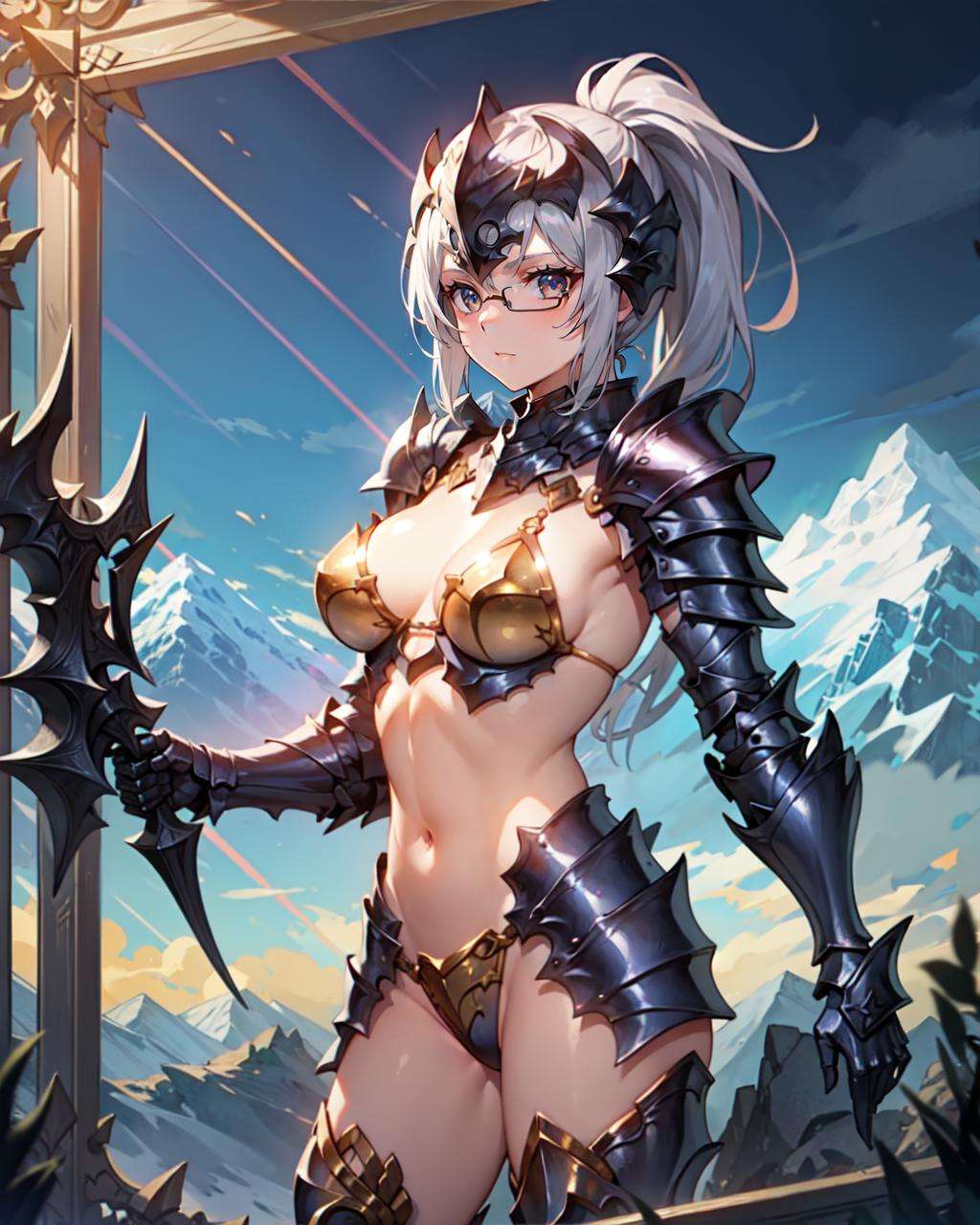 1girl, gold bikini armor, helm, silver hair, ponytail, (glass field, mountain:1.3)<lora:leco_BikiniArmor2_last:-1.5>