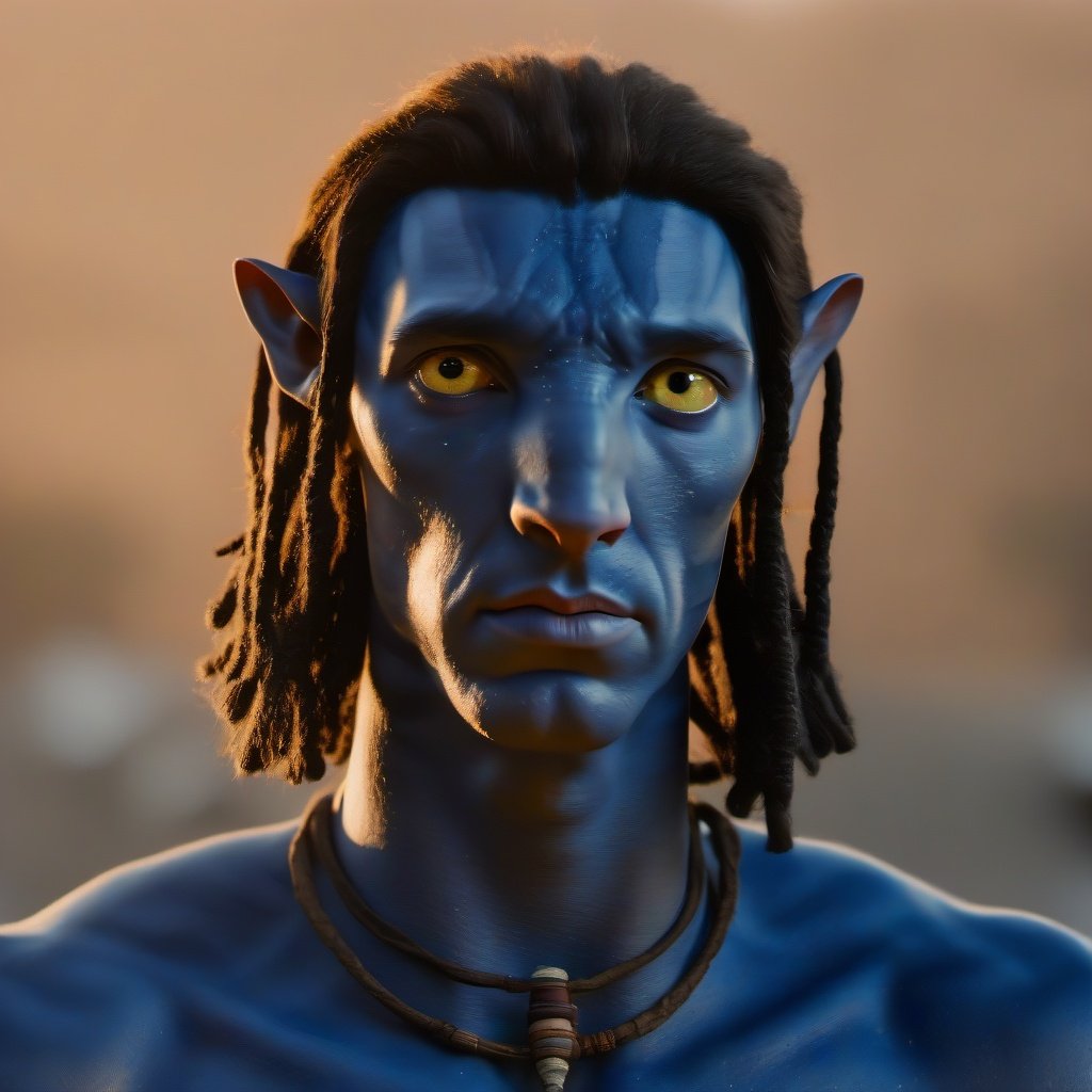  A portrait of  omaticaya  man Adam Driver ,front view , (sunset:1.2) orange eyes, blue skin