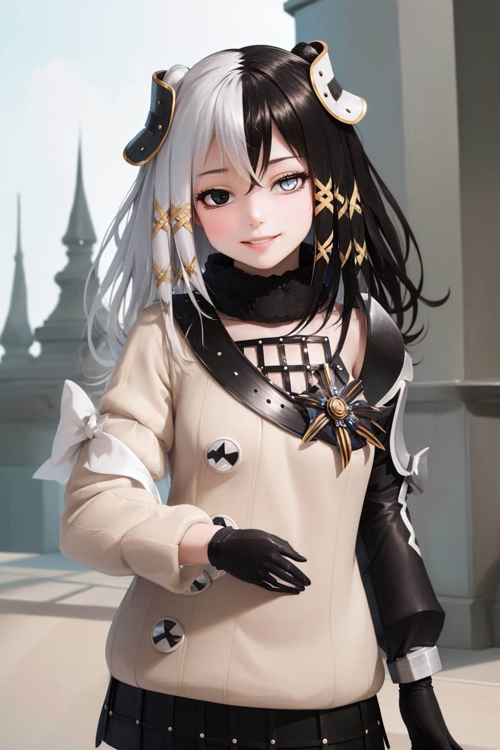 (masterpiece, best quality:1.2), <lyco:ol_antilene-10:1.0>, cowboy shot, solo, 1girl, olantilene, smile, closed mouth, looking at viewer, hand on own chest, hair ornament, heterochromia, sweater, skirt, black gloves