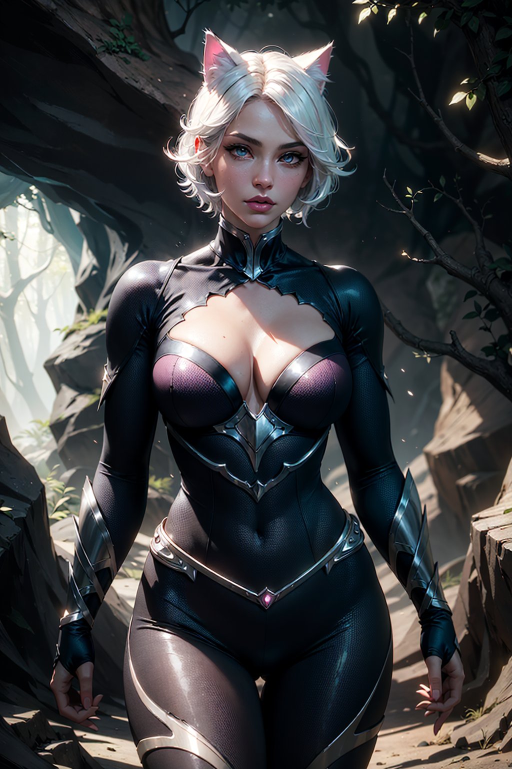 (masterpiece, best quality, volumetric lighting, detailed eyes), cat woman, cat ears, warrior, (forest cave) cave background, Lord of the Rings aesthetic, white hair, (pink lips), cleavage, hourglass waist, round breasts, cowboy shot, fit torso, skinny torso