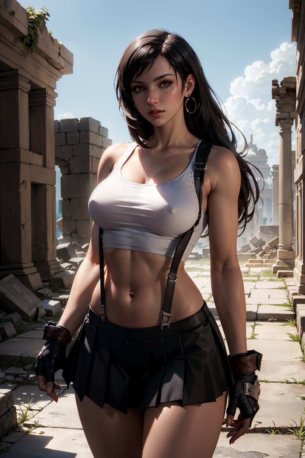 (masterpiece, best quality, high resolution, volumetric lighting), cowboy shot of tifa lockhart, white tank top, suspenders, black pleated skirt, perky breasts, fingerless gloves, ((skinny body)), hourglass hip, final fantasy, ancient ruins background