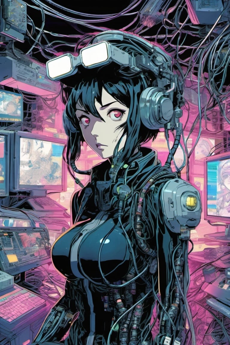 wires taking over, cyberpunk style, soft focus, Graphic novel, Grindhouse, , vignette, highly, dynamic angle, best quality, black suit, cyborg, cybernetics, detailed eyes, net runner, circuity, plug suit , corruption, face covered in electronics, infection, swirls, cyborg, body horror, large breasts, goggles, cyborg, junji ito style,horror,manga, Graffiti Writing, Tech Noir, Sleek, Reprojection Techniques, RE Engine, Symbolist, Chromogenic Prints, (anime style:1.5), High-Speed Photography,cyberpunk, thousands of cables strangling a extremely tired exhausted fatigued with (dark circles:1.3) under the eyes