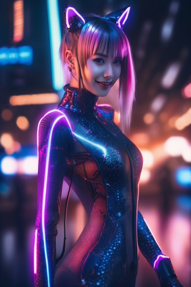 masterpiece, best quality, kemonomimi, tail, 1girl, diffused soft lighting, shallow depth of field, sharp focus, hyperrealism, cinematic lighting,smiling, a woman in a skin tight bodysuit,wearing edgFut_clothing,((electrical circuits, neons,skin)), cyber punk background,